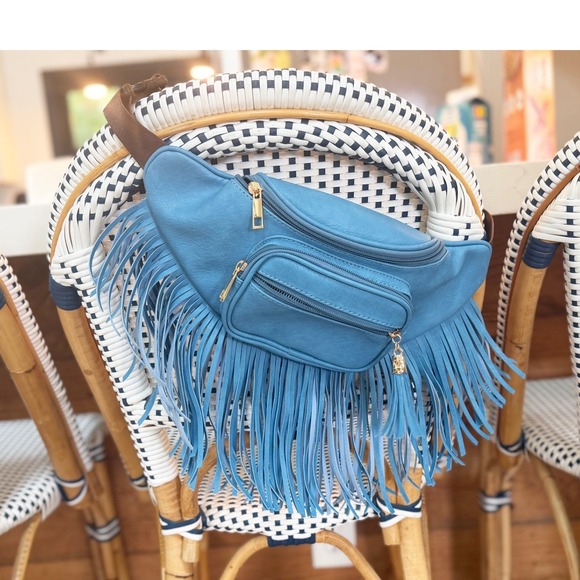 Handbags - Fringe Tassel Fanny Pack Waist Bag Denim Blue Faux Leather Festival Boho Western